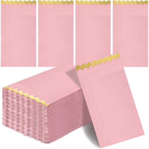 100 pack Pink Cocktail Napkins with Gold Foil Accents Scalloped Edges 4 x 8 inch Beverage Disposable Napkin Party Decoration Wedding Bridal and Baby Shower Dinner Lunch Supplies (Pink Mix) - color: Pink, size: 4" x 8" (Set of 100)