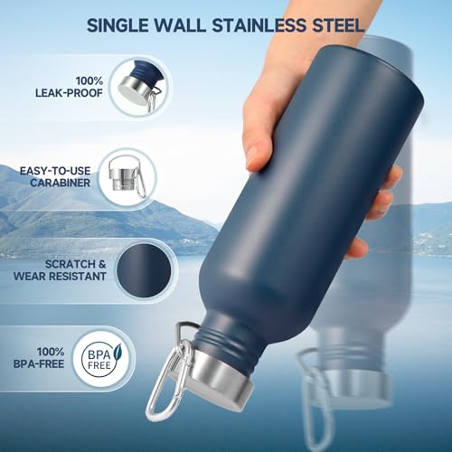 Volhoply 32oz Uninsulated Single Walled Water Bottle, Stainless Steel Sports Water Bottles with Handle, BPA Free Lightweight Water Bottles for Hiking, Biking, Running（Navy,1） - color: Navy