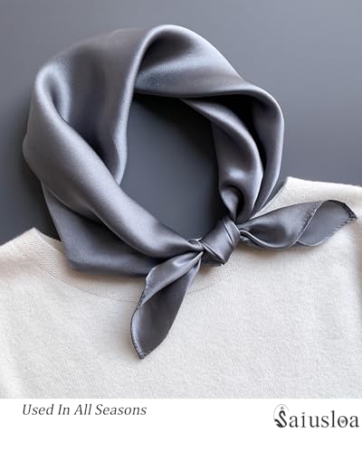 Saiusloa Solid Color Neck Scarf For Women Square Satin Head Scarves headband Bandanas 23.6× 23.6 inches - color: 19-dark Grey