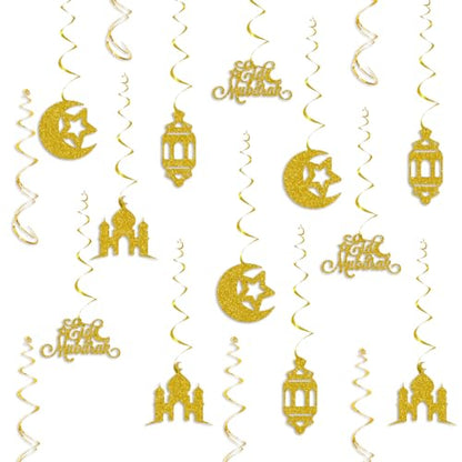 Eid Mubarak Decorations, Gold Glitter Eid Mubarak Hang Swirls Star Moon Lantern Decor Sign for Eid Festival Muslim Islam Party Decoration Supplies