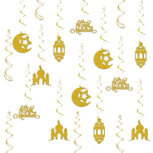Eid Mubarak Decorations, Gold Glitter Eid Mubarak Hang Swirls Star Moon Lantern Decor Sign for Eid Festival Muslim Islam Party Decoration Supplies