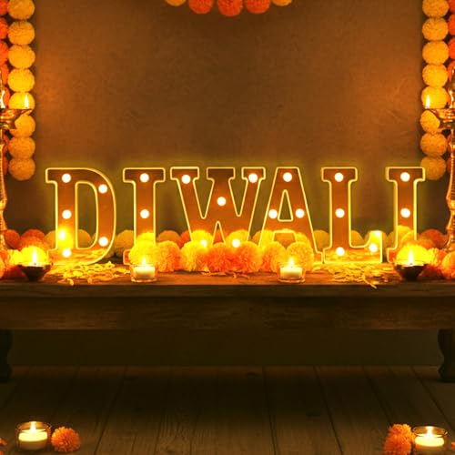 6 Pcs Diwali Mirror Letters Lights, 6.3 Inch Battery Operated LED Marquee Sign with Reflective Finish, Warm White Light Up Letters for Mandir Puja Room Party Wedding Festival of Lights Decorations - color: DIWALI