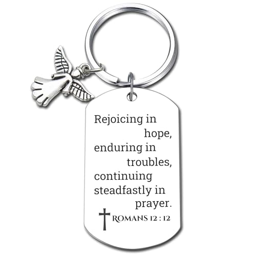 Inspirational Scripture Keychain with Angel Pendant - Bible Verse Key Chain Religious Gift for Christian - style: Romans 12:12