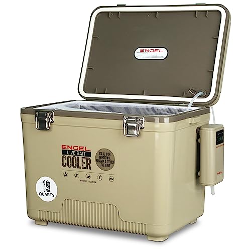 ENGEL Live Bait Cooler PRO for Fishing - Portable Minnow and Bait Bucket with Lithium-Ion Rechargeable Aerator - color: Tan, size: 19 Quarts