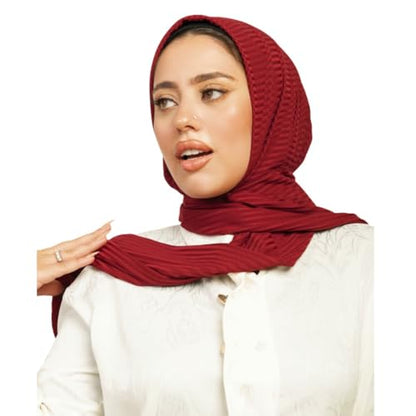 Instant Hijab For Women | Head Wrap100% Cotton Rib Headscarf | Easy to Wear Hijabs with Metal Pin - color: Deep Red