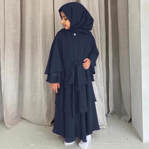 Chiffon layered Open Abaya Dubai Kaftan Muslim Cardigan Abayas Dresses For Girls Casual Robe Kimono Islam Clothing - color: Navy Blue, size: 11-12 Years