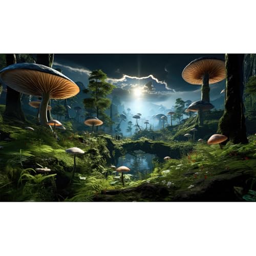 Fantasy Mushroom Landscape Aquarium Background Tranquil Stream Mushrooms Night Cloudy Scenery Fish Tank Background Tropical Forest Lush Green Trees Terrarium Tank Background Poster 30x18in