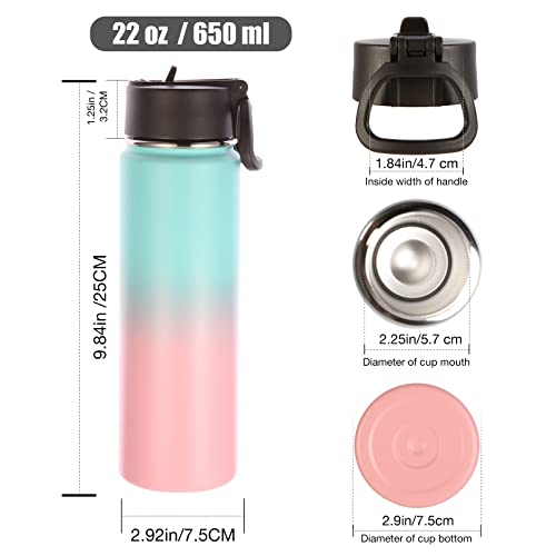 Volhoply Insulated Water Bottles with Straw Bulk 4 Pack, 22 oz Stainless Steel Sports Bottle with Handle Lid,Double Walled Vacuum Metal Travel Water Cups Flask for School Hiking(Green Pink,4 Set) - color: Green Pink