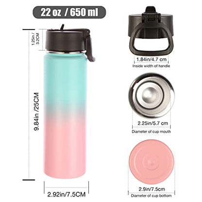 Volhoply Insulated Water Bottles with Straw Bulk 4 Pack, 22 oz Stainless Steel Sports Bottle with Handle Lid,Double Walled Vacuum Metal Travel Water Cups Flask for School Hiking(Green Pink,4 Set) - color: Green Pink