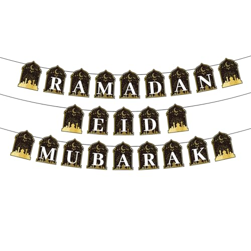 Eid Mubarak Banner, Pre-String Ramadan Kareem Banner Ramadan Garland Mubarak Fireplace Hanging Banner Eid Photo Booth Decor Decoration for Home Wall Party