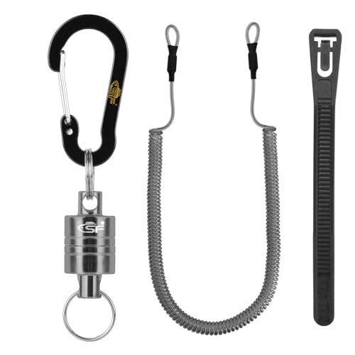 SF Strongest Magnetic Net Release Magnetic Keychain Fly Fishing Net Retractor Magnet Clip Holder Retractor with Retractable Coiled Lanyard Carabiner - color: Gunmetal Magnet+ Black Aluminum Alloy Hook