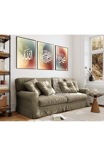 Islamic Wall Art Collection - Allah Besmele Muhammad Framed Glass Panels - 3 Piece Vertical Set Colorful Calligraphy Display Çok 50x70