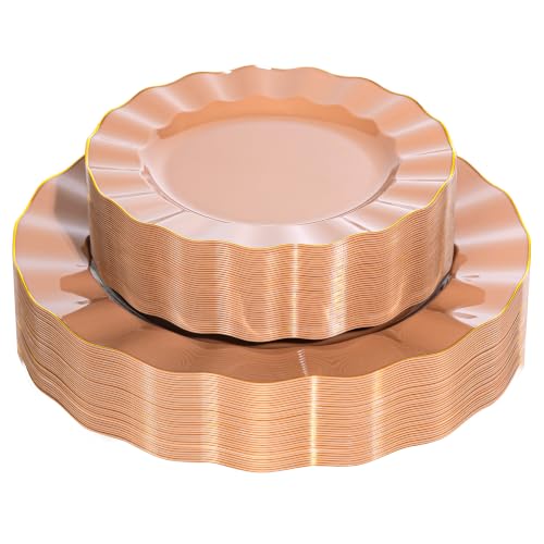 72PCS Mocha Mousse Plastic Plates, Wavy Plates with Gold Rim - color: Mocha Mousse, size: 72PCS