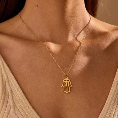 Stainless Steel Jewish Jewelry - Star of David/Hamsa Hand/Menorah/Israel Map Pendant – Israel Necklace for Women & Men - Religious Gifts for Hanukkah, Bar Mitzvah include a Gift Box - color: Gold-Hamsa Necklace