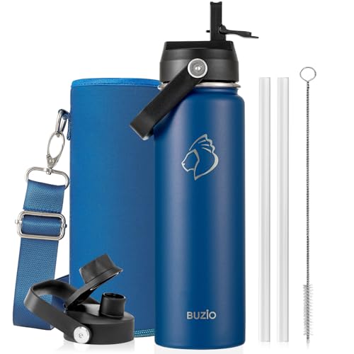 BUZIO 24 oz Insulated Water Bottle, Stainless Steel Wide Mouth Water Flask with Straw Lid, Cold for 48 Hrs Leak Proof Metal Hydro Thermo Canteen Mug, Blue - color: Blue, size: 24 Ounces