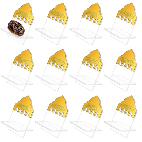 Potchen 12 Pack Ramadan Date Holders Acrylic Glass Bismillah Islamic Calligraphy Date Stands Home Table Centrepiece Decorations for Eid Ul Fitr Fasting Ramazan Adha Gifts Party Favors(Dome,Gold) - color: Gold, style: Dome
