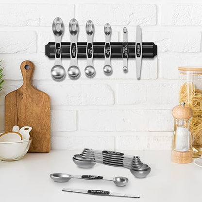 Wildone Stainless Steel Magnetic Measuring Spoons with Strong Magnets, 14pc | Including 8 Double Sided Magnetic Measuring Spoons, Leveler and 5 Mini Spoons for Spice Jar and Liquid Measuring, Black - color: Black
