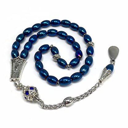-Gentle Men Collection- Prayer Beads-Worry Beads-Tesbih-Tasbih-Tasbeeh-Misbaha-Masbaha-Subha-Sebha-Rosary (Non-Magnetic Blue Drum Hematite -6x9 mm- 33 Beads) - color: Non-Magnetic Blue Drum Hematite -6x9 mm- 33 Beads
