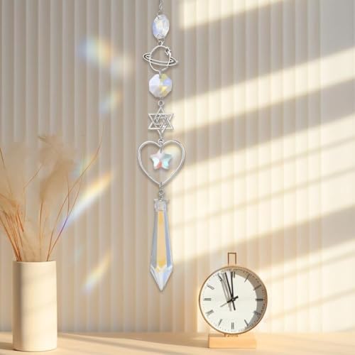 CREATCABIN Crystal Suncatcher Crystal Pendant Rearview Mirror Car Decor Wind Chimes Rainbow David Star Heart Planet Charm Hanging Pendant Ornaments Accessories for Window Balcony Home Garden - style: David Star