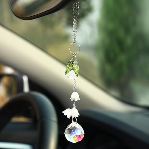 Car Rear View Mirror Accessories,White Lily of The Valley Hanging Ornament Rearview Decor Charm Boho Handmade Beaded Crystal Flower Swinging Interior Decor for Women Men - color: White Lily02