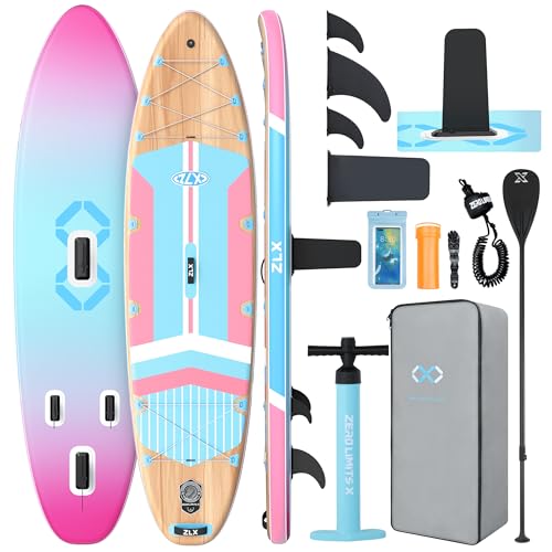 ZLX 11'6"x35" Ultra Wide Inflatable Stand Up Paddle Board | Stable Non-Slip Deck Pad, Unique Fin System, Premium SUP Accessories & Backpack - Upgraded Pump for Adults, All Skill Levels - color: Blush Pink Wood