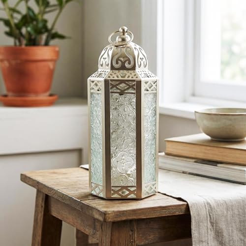 Vela Lanterns Decorative Indoor Moroccan Candle Holder, White Gold, M, 2PK | Ramadan Decorations for Home, Turkish Votive Pillar Lamp, Boho Champagne Tealight Centerpiece, Eid Diwali, 10.5in Tall