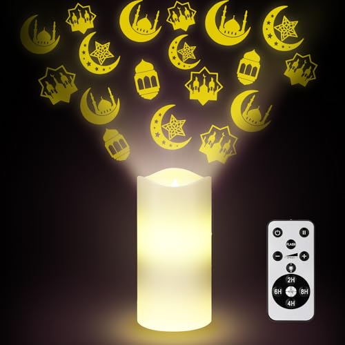 Baquler Ramadan Flameless Candles Projector Light Eid Mubarak LED Candle Battery Operated Star Moon Night Light with Remote and Timer Eid Mubarak Electric Gifts Ramadan Decoration for Home Room Decor - style: Mubarak