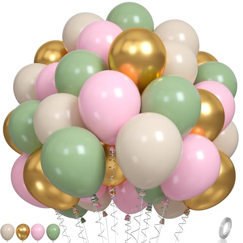 Pink and Green Balloons, Sage Green White Sand Party Balloons Chrome Metallic Gold Balloons Green Pink Latex Balloons for Kids Adults Boho Birthday Jungle Safari Party Wedding Baby Shower Graduation - color: Sage Green Pink