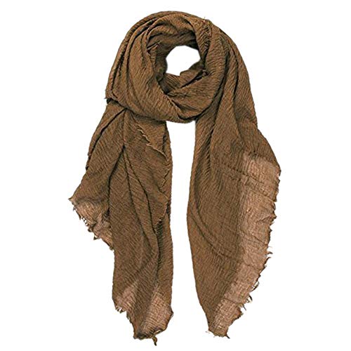 Summer Cotton Blend Crinkle Vintage Soft Scarf with Fringed Edges 35" × 70" - color: Brown