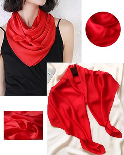 Saiusloa Solid Color Neck Scarf For Women Square Satin Head Scarves headband Bandanas 23.6× 23.6 inches - color: 3-red