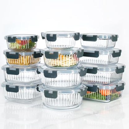 12-Piece Vertical Stripe Borosilicate Glass Food Storage Containers with Lids, Glass Meal Prep Containers, Leak-Proof Snap-Lock Sealed, BPA-Free, 10-35 oz Capacity (Large) - size: Large