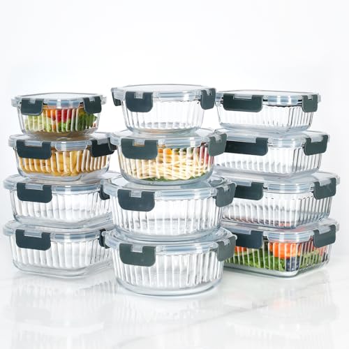 12-Piece Vertical Stripe Borosilicate Glass Food Storage Containers with Lids, Glass Meal Prep Containers, Leak-Proof Snap-Lock Sealed, BPA-Free, 10-35 oz Capacity (Large) - size: Large