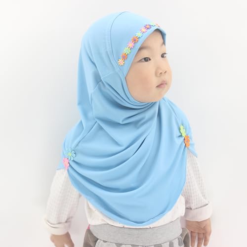 Girls Instant Hijab – Soft Kids Muslim Scarf with Flower, Breathable One-Piece Headscarf for Toddlers Age 2-8 - color: Small Flower-sky Blue