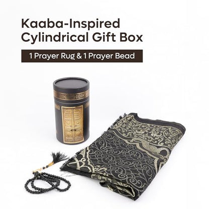 Taffeta Muslim Prayer Rug Set, Black Gold Kaaba Door Gift Box - color: Black/Cylinder Gift Box