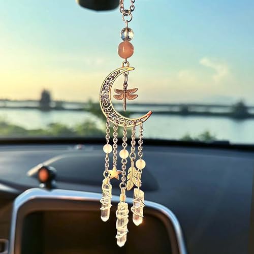 Hanging Car Charm, Handmade Car Mirror Hanging Accessories Rear View Mirror Decorations Crystals Stones Ornament Car Decor for Women Healing Crystal Accessories (Dragonfly Moon) - color: Dragonfly Moon
