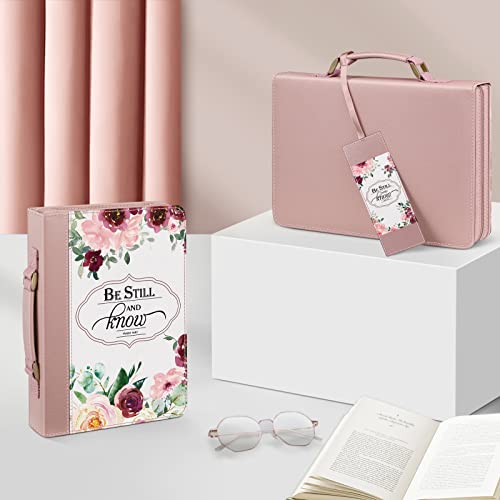 FINPAC Large Classic Bible Cover Vegan Leather Carrying Book Case Church Bag Bible Protective with Handle, Gift for Women, Mother, Friends, Rose Garden - color: Pinkish Purple Rose