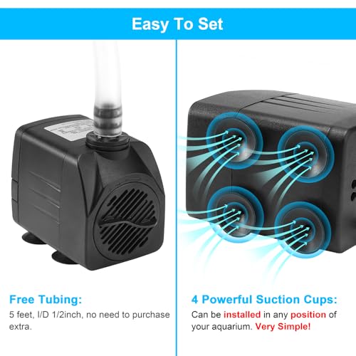 DaToo 400GPH 25W Submersible Water Pump Fountain Pump Ultra Quiet For Aquariums Fish Tank Pond Fountain Statuary Water Feature Hydroponics - size: 25W 400GPH (With 5ft Free Tubing)