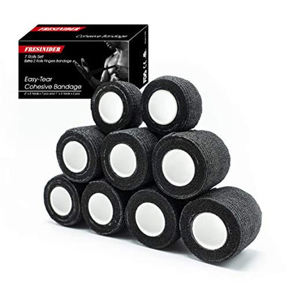 FRESINIDER 9 Rolls Self Adhesive Wrap Athletic Tape Gauze, Breathable Elastic Cohesive Bandage for Sports Injury & Pet (7 Pcs 2" x 5 Yards + 2 Pcs 1" X 5 Yards) (Black) - color: Black