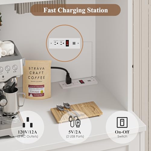 HOSTACK 75" Kitchen Pantry Storage Cabinet, Coffee Bar Hutch Cabinet, White | Tall Pantry Cabinet with Charging Station / Wide Countertop / Glass Doors / Wine Rack / Cup Holder / Drawers, Dining Room - color: White