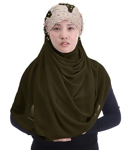 Lina & Lily Premium Chiffon Hijab Head Scarf Wrap with Gold Sequins Glitters Beads for Muslim Women - color: Dark Olive