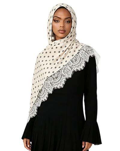 JUMISEE Elegant Floral Lace Hijab Scarf for Women Soft Cotton Head Wrap Instant Hijab Long Scarves Evening Dress Shawl - color: Beige Polka Dot