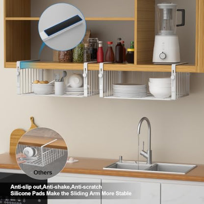 AmonHouseware 2Pack Under Shelf Storage Basket Organizer, White | Adjustable Hanging,Under Cabinet Add-on, Slide-in Baskets, for Laundry Room Kitchen Pantry Desk Bookshelf Counter Cupboard - color: White