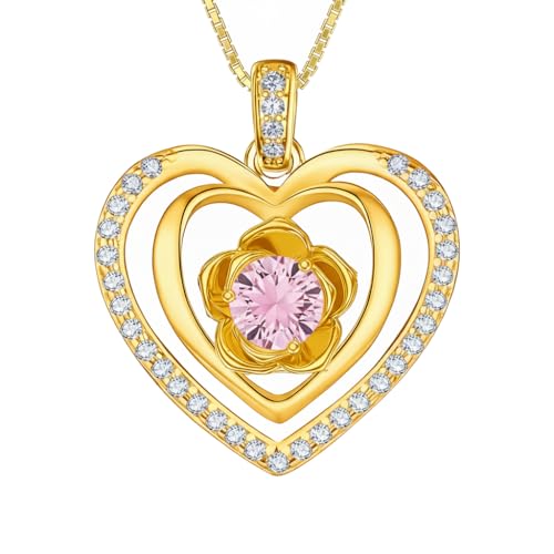 18K Yellow Gold Rose Birthstone Necklace 12 Months Rose Flower Birthstone Necklace Birthday Jewelry Gifts for Women Mom Her - color: 10-October