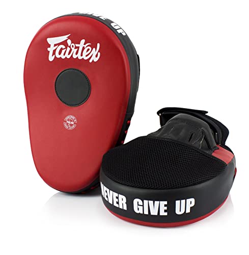 Fairtex FMV13 Maximized Focus Mitts, Muay Thai Kickboxing MMA Punching Pads | Premium Syntek leather shell with multi-layer foam. Curved shape with hook-and-loop wrist strap absorbs trainer strike impact - color: Red/Black