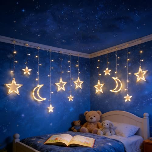 138 LED Star Moon Lights, Twinkle Christmas Curtain String Lights with 8 Modes, Battery Operated Fairy Star Moon with Hooks, Hanging Decor for Ramadan, Bedroom, Wedding, Warm White - size: 138 LED