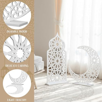 Sintuff 2 Pack Large Wooden Ramadan Decor Islamic Eid Mubarak 3ft Crescent Moon & 4ft Mosque Dome White Floor Decor for Room Entrances Ramadan Kareem Gift Party Home Decoration, Lights Not Included