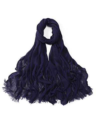 Txameru Hijab Scarf for Women - Muslim Rayon Crinkle With Fringe Edge - color: Nave Blue