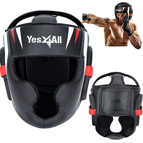 Yes4All Extreme Full Face Boxing Headgear, Adjustable Sparring Headgear, Martial Arts Helmet with PU Leather for Muay Thai, MMA Training, Sparring, Kickboxing - style: B.Large