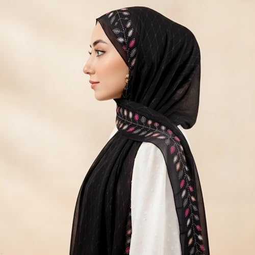 Hijab Modest and Elegant | Beautifully Designed Printed Chiffon Patterns | Muslim Women Head Scarf and Veil - color: Black P
