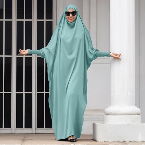 IDOPIP Muslim Abaya for Women One Piece Long Sleeve Islamic Prayer Dress with Hooded Hijab Maxi Kaftan Robe Modest Clothes - color: Light Green